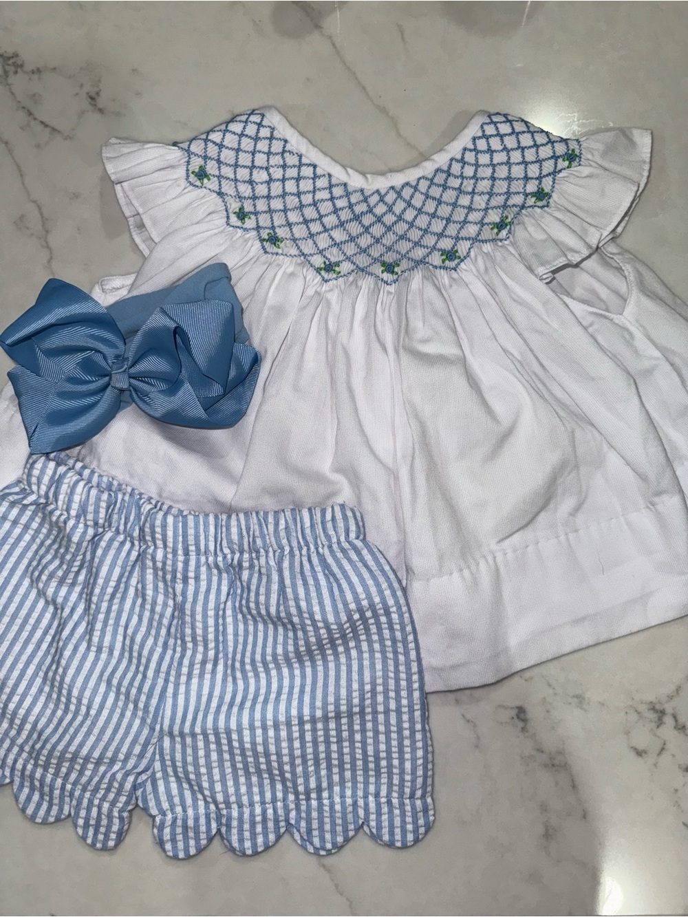 White & Light Blue Smocked Girls' Matching Set